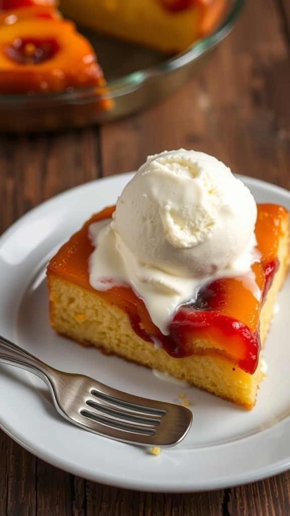 Slice of ice cream upside down cake with caramelized fruit and vanilla ice cream on a rustic table.